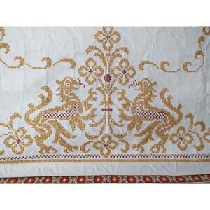 Vintage 1970's Handmade HERALDIC LION TABLECLOTH Cross Stitch Embroidered 51x59